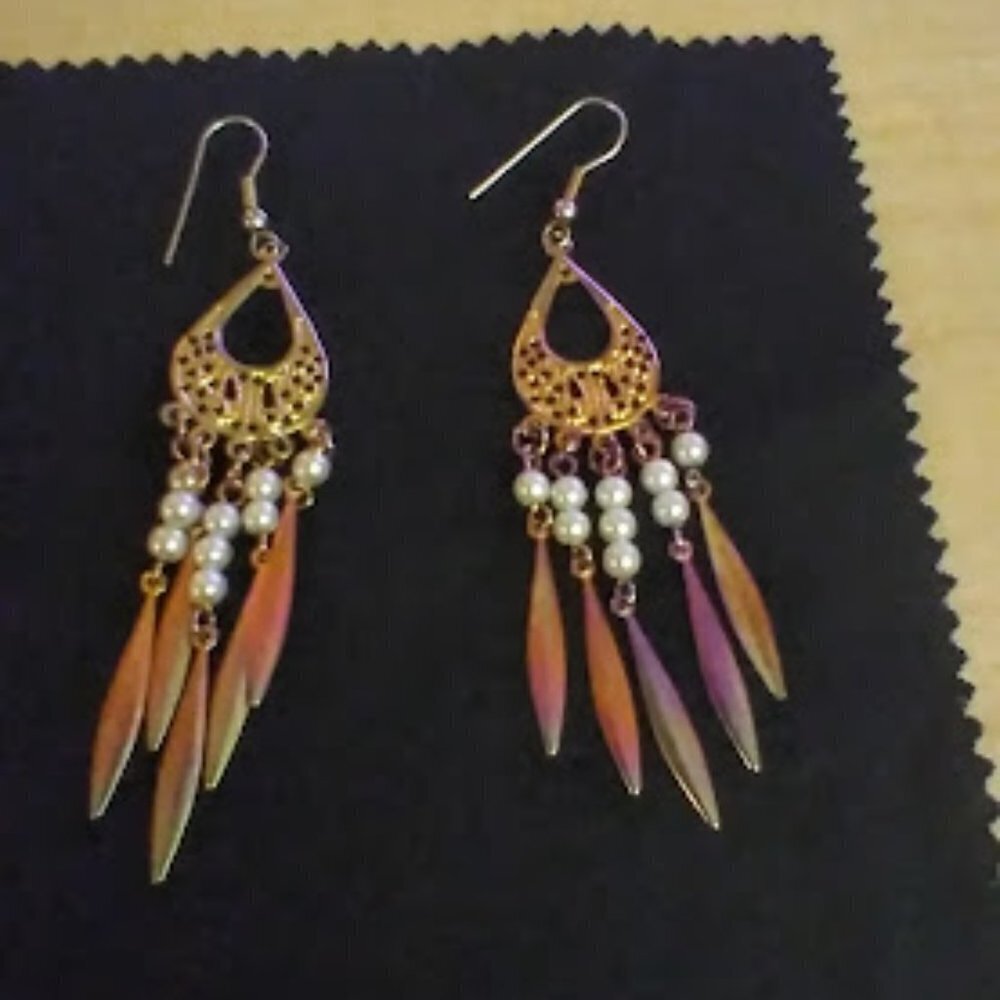 Exotic Beaded Boho Iridescent Earrings 3" Long